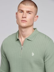 U.S. Polo Assn. Green Mens Texture Zip Long Sleeve 100% Cotton Polo Shirt - Image 2 of 7