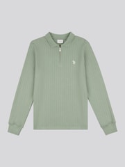 U.S. Polo Assn. Green Mens Texture Zip Long Sleeve 100% Cotton Polo Shirt - Image 5 of 7