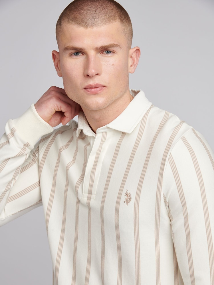 U.S. Polo Assn. Cream Mens Vertical Stripe Sweat Rugby 100% Cotton Shirt - Image 2 of 7 U.S. Polo Assn. Cream Mens Vertical Stripe Sweat Rugby 100% Cotton Shirt - Image 2 of 7