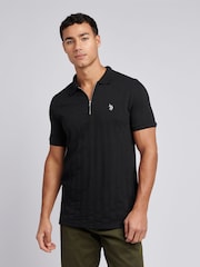 Черный - U.S. Polo Assn Mens Stripe Textured Zip Polo Shirt - Image 1 of 7