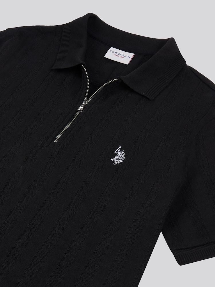 Черный - U.S. Polo Assn Mens Stripe Textured Zip Polo Shirt - Image 7 of 7