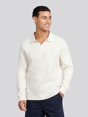U.S. Polo Assn. Cream Mens Waffle Texture Open Collar Long Sleeve Polo Shirt - Image 1 of 7
