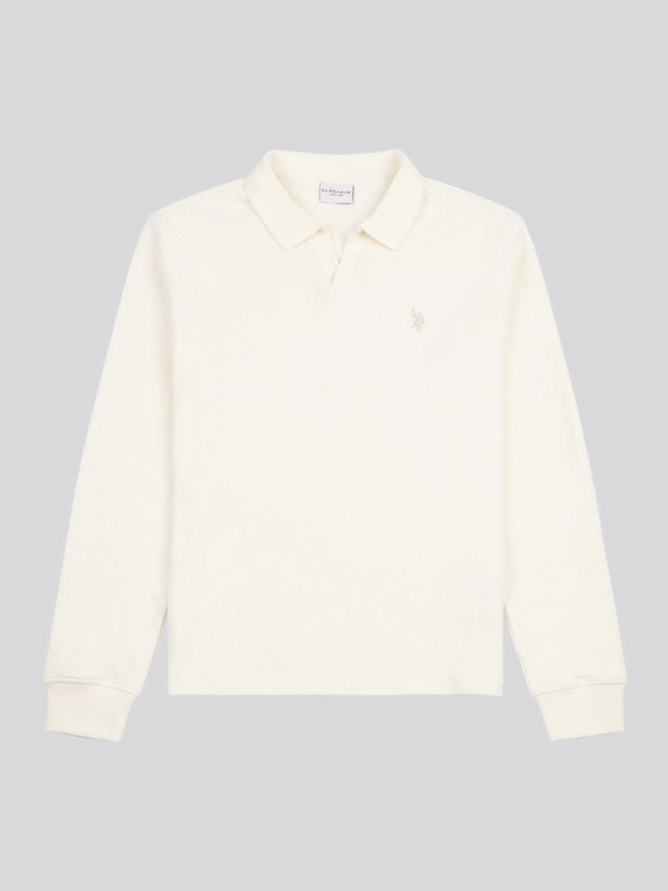 U.S. Polo Assn. Cream Mens Waffle Texture Open Collar Long Sleeve Polo Shirt - Image 5 of 7