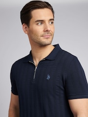 Темно-синий - U.S. Polo Assn Mens Stripe Textured Zip Polo Shirt - Image 2 of 7