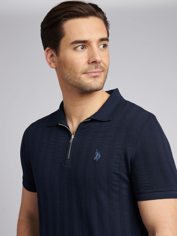 Темно-синий - U.S. Polo Assn Mens Stripe Textured Zip Polo Shirt - Image 2 of 7