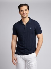 Темно-синий - U.S. Polo Assn Mens Stripe Textured Zip Polo Shirt - Image 4 of 7