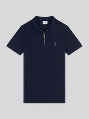 Темно-синий - U.S. Polo Assn Mens Stripe Textured Zip Polo Shirt - Image 5 of 7