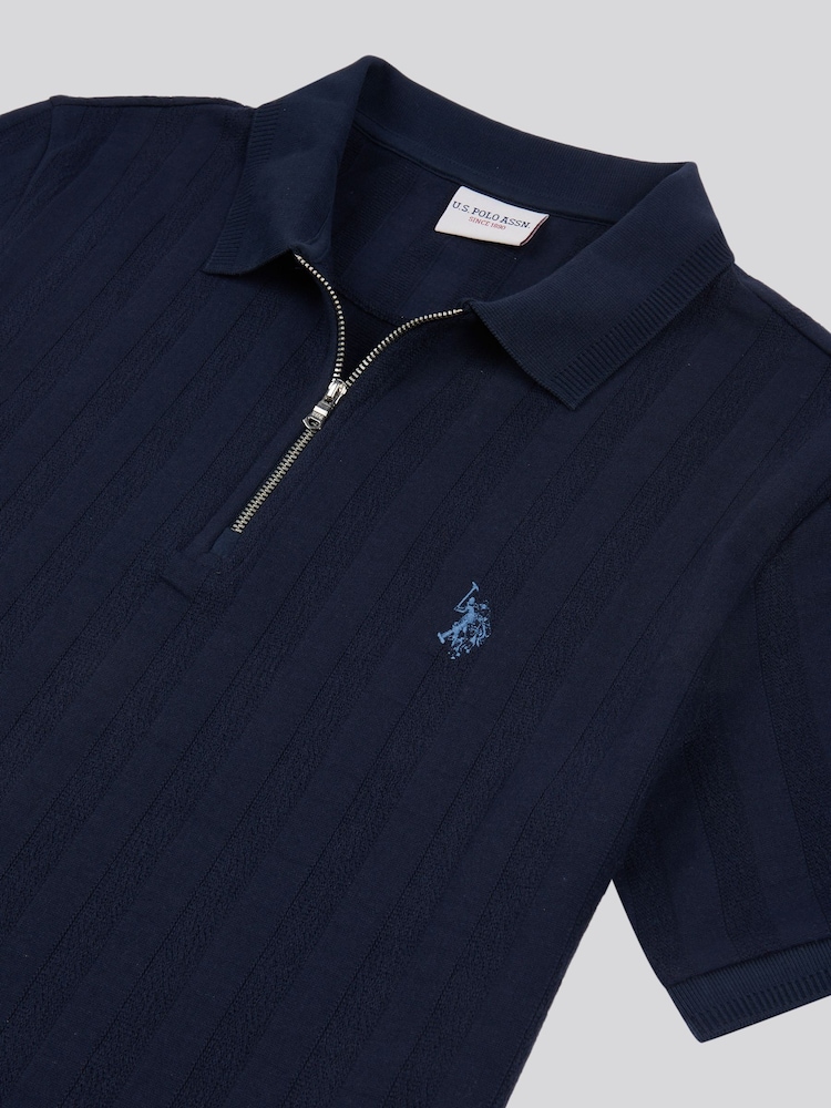 Темно-синий - U.S. Polo Assn Mens Stripe Textured Zip Polo Shirt - Image 7 of 7