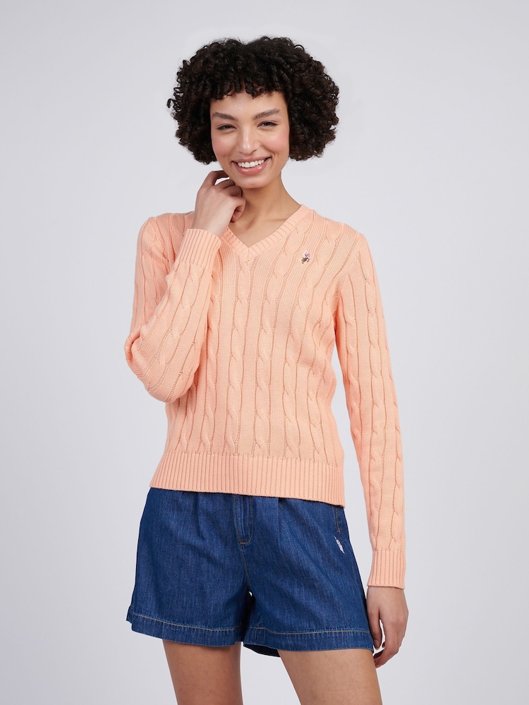U.S. Polo Assn. Orange Womens V-Neck Cable Knit Jumper - Image 1 of 7
