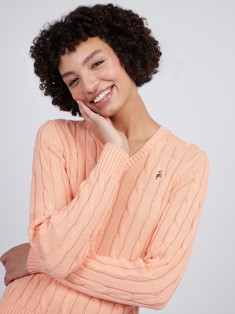 U.S. Polo Assn. Orange Womens V-Neck Cable Knit Jumper - Image 2 of 7