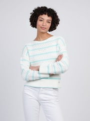 U.S. Polo Assn Blue Womens Stripe Open Knit Cable 100% Cotton Jumper - Image 1 of 4