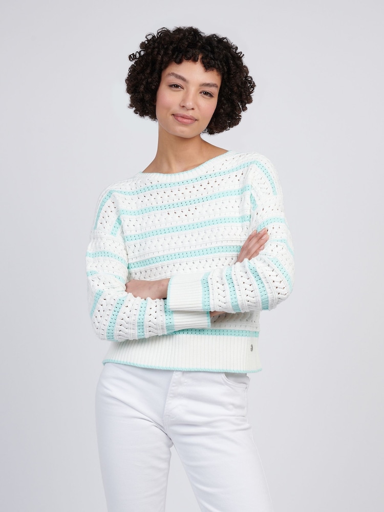U.S. Polo Assn Blue Womens Stripe Open Knit Cable 100% Cotton Jumper - Image 1 of 4