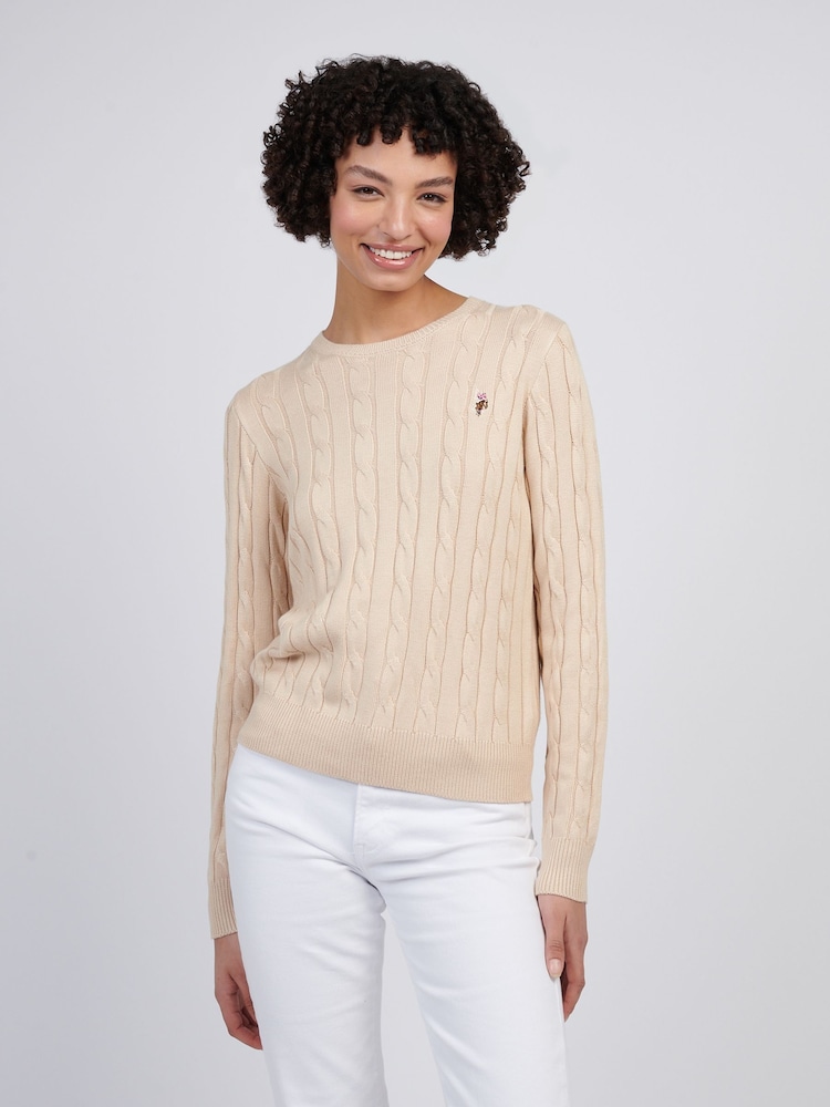 U.S. Polo Assn Natural Womens Viscose Blend Crew Neck Cable Jumper - Image 1 of 4