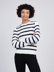 U.S. Polo Assn White Women Thin Stripe Cable Knit 100% Cotton Jumper - Image 1 of 4