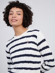 U.S. Polo Assn White Women Thin Stripe Cable Knit 100% Cotton Jumper - Image 2 of 4