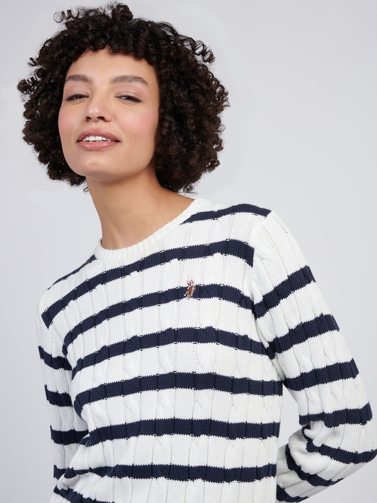 U.S. Polo Assn White Women Thin Stripe Cable Knit 100% Cotton Jumper - Image 2 of 4