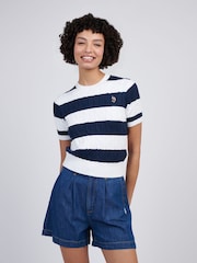 U.S. Polo Assn Blue Womens Stripe Loose Cable Knit Short Sleeve 100% Cotton Jumper - Image 1 of 7