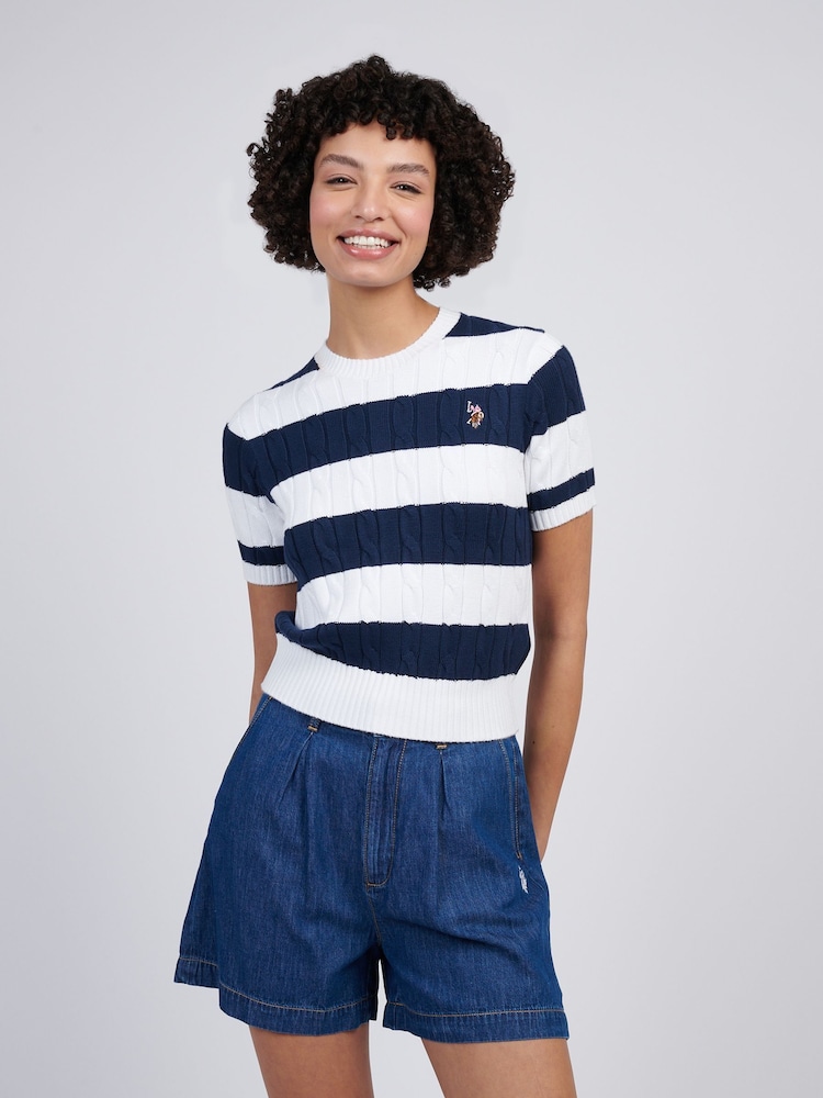 U.S. Polo Assn Blue Womens Stripe Loose Cable Knit Short Sleeve 100% Cotton Jumper - Image 1 of 7