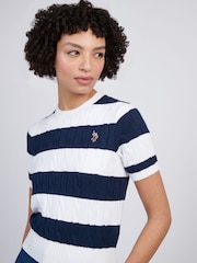 U.S. Polo Assn Blue Womens Stripe Loose Cable Knit Short Sleeve 100% Cotton Jumper - Image 2 of 7