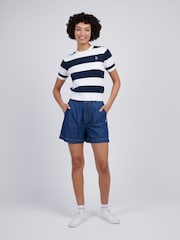 U.S. Polo Assn Blue Womens Stripe Loose Cable Knit Short Sleeve 100% Cotton Jumper - Image 3 of 7