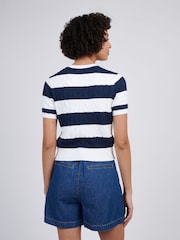 U.S. Polo Assn Blue Womens Stripe Loose Cable Knit Short Sleeve 100% Cotton Jumper - Image 4 of 7