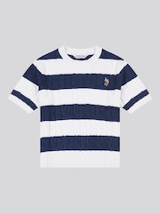 U.S. Polo Assn Blue Womens Stripe Loose Cable Knit Short Sleeve 100% Cotton Jumper - Image 5 of 7