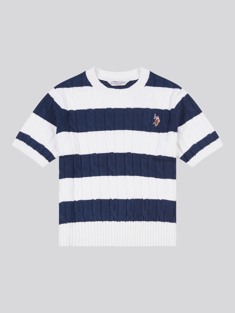 U.S. Polo Assn Blue Womens Stripe Loose Cable Knit Short Sleeve 100% Cotton Jumper - Image 5 of 7