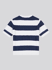U.S. Polo Assn Blue Womens Stripe Loose Cable Knit Short Sleeve 100% Cotton Jumper - Image 6 of 7