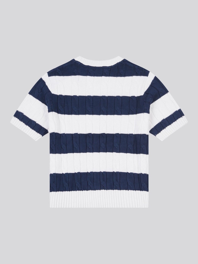 U.S. Polo Assn Blue Womens Stripe Loose Cable Knit Short Sleeve 100% Cotton Jumper - Image 6 of 7