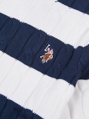 U.S. Polo Assn Blue Womens Stripe Loose Cable Knit Short Sleeve 100% Cotton Jumper - Image 7 of 7