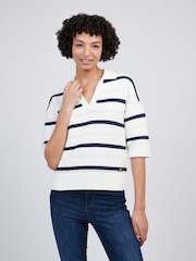 U.S. Polo Assn Blue Womens Open Colour Stripe Pointelle 100% Cotton Jumper - Image 1 of 8