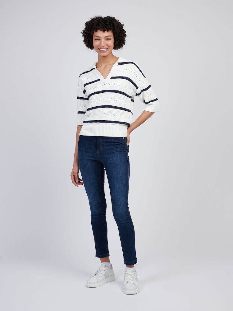 U.S. Polo Assn Blue Womens Open Colour Stripe Pointelle 100% Cotton Jumper - Image 3 of 8