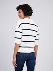 U.S. Polo Assn Blue Womens Open Colour Stripe Pointelle 100% Cotton Jumper - Image 4 of 8