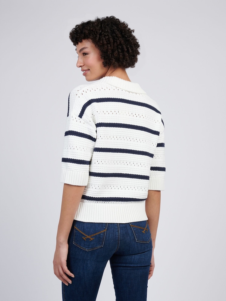 U.S. Polo Assn Blue Womens Open Colour Stripe Pointelle 100% Cotton Jumper - Image 4 of 8