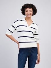 U.S. Polo Assn Blue Womens Open Colour Stripe Pointelle 100% Cotton Jumper - Image 5 of 8