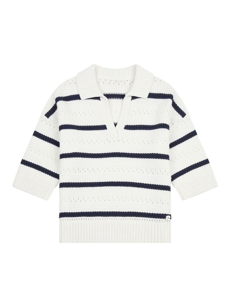 U.S. Polo Assn Blue Womens Open Colour Stripe Pointelle 100% Cotton Jumper - Image 6 of 8