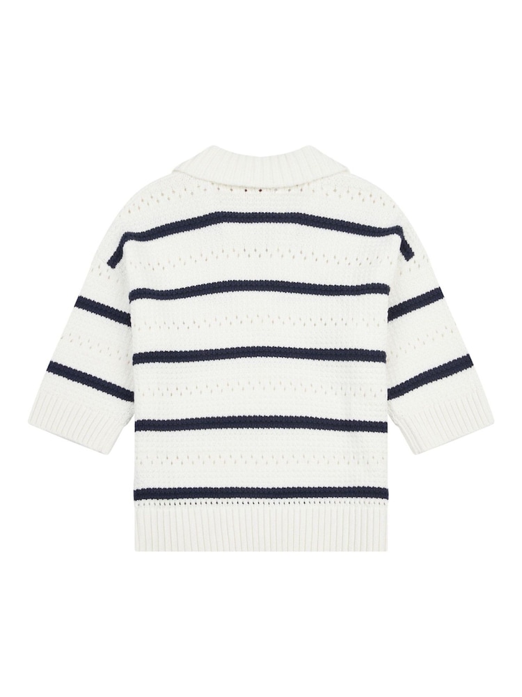 U.S. Polo Assn Blue Womens Open Colour Stripe Pointelle 100% Cotton Jumper - Image 7 of 8