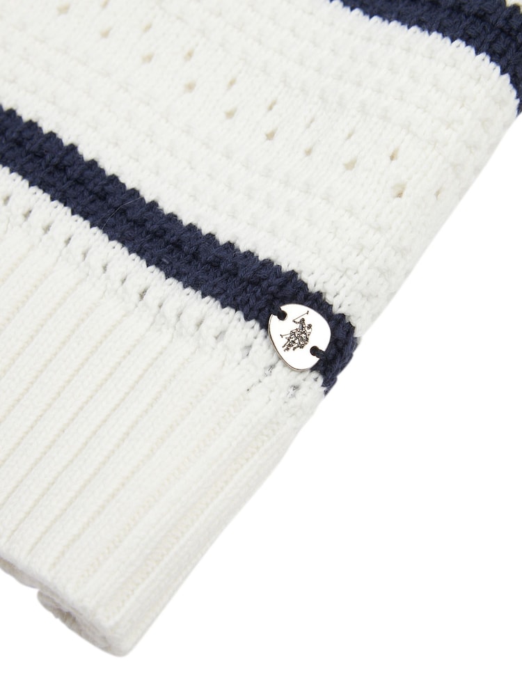 U.S. Polo Assn Blue Womens Open Colour Stripe Pointelle 100% Cotton Jumper - Image 8 of 8