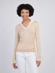 U.S. Polo Assn Natural Womens Open Neck Long Sleeve Knit Polo Jumper - Image 1 of 4
