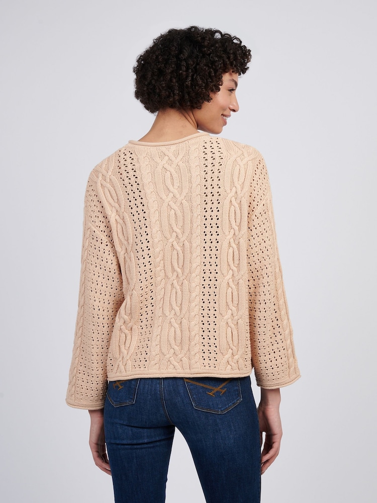 U.S. Polo Assn Natural Womens Chunky Cable Open Knit 100% Cotton Jumper - Image 4 of 4