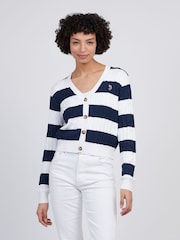 U.S. Polo Assn Blue Womens Stripe Loose Cable Knit 100% Cotton Cardigan - Image 1 of 4