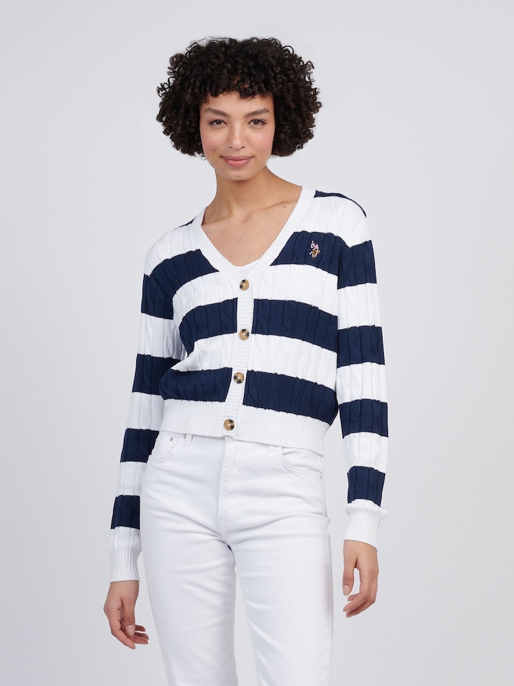 U.S. Polo Assn Blue Womens Stripe Loose Cable Knit 100% Cotton Cardigan - Image 1 of 4