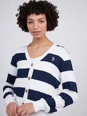 U.S. Polo Assn Blue Womens Stripe Loose Cable Knit 100% Cotton Cardigan - Image 2 of 4