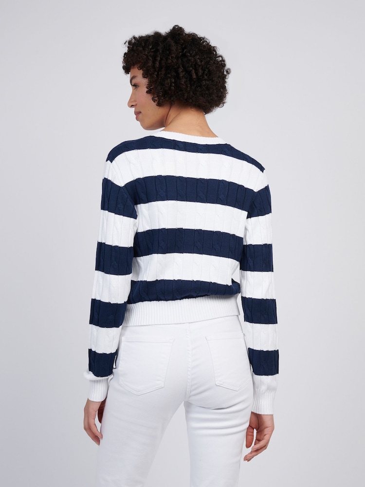 U.S. Polo Assn Blue Womens Stripe Loose Cable Knit 100% Cotton Cardigan - Image 4 of 4