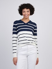 U.S. Polo Assn Blue Womens Stripe V-Neck Fine Knit Jumper - Image 1 of 4