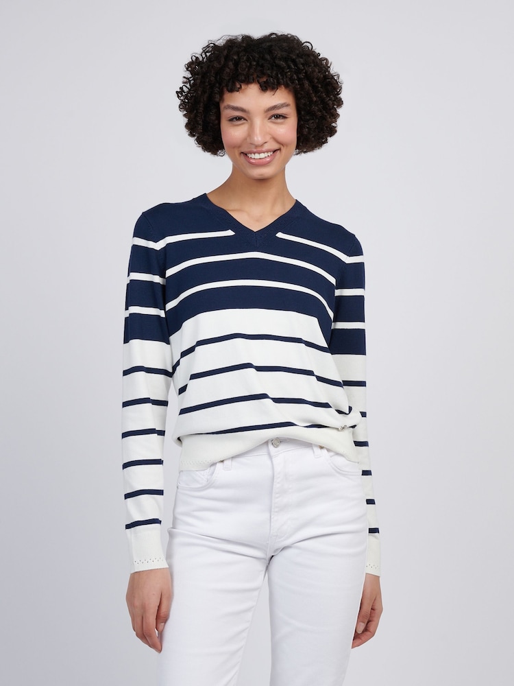 U.S. Polo Assn Blue Womens Stripe V-Neck Fine Knit Jumper - Image 1 of 4
