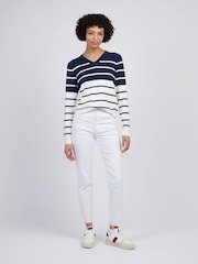 U.S. Polo Assn Blue Womens Stripe V-Neck Fine Knit Jumper - Image 2 of 4