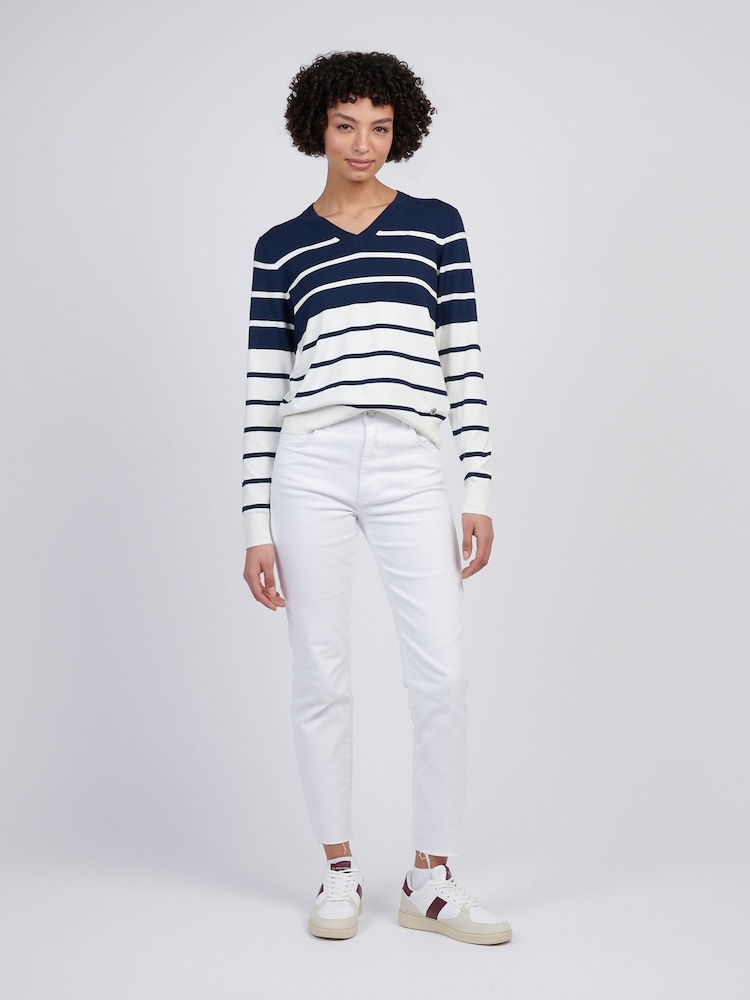 U.S. Polo Assn Blue Womens Stripe V-Neck Fine Knit Jumper - Image 2 of 4