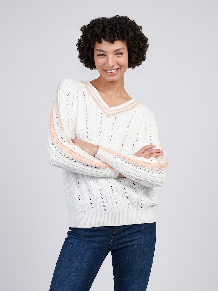 U.S. Polo Assn Cream Womens Open Knit Cable Cricket 100% Cotton Jumper - Image 1 of 4
