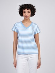 כחול  - U.S. Polo Assn. Womens Stripe V-Neck 100% Cotton T-Shirt - Image 1 of 7